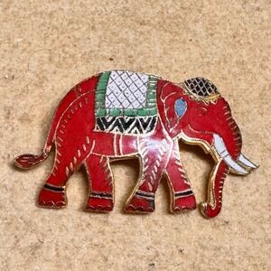 Vintage Enamel Red Elephant Pin Brooch Gold Tone Lucky Charm Accessory Asian